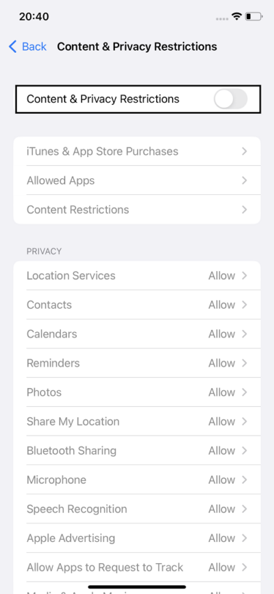 How to Turn off a Restrictions-Enabled iPhone toggle on